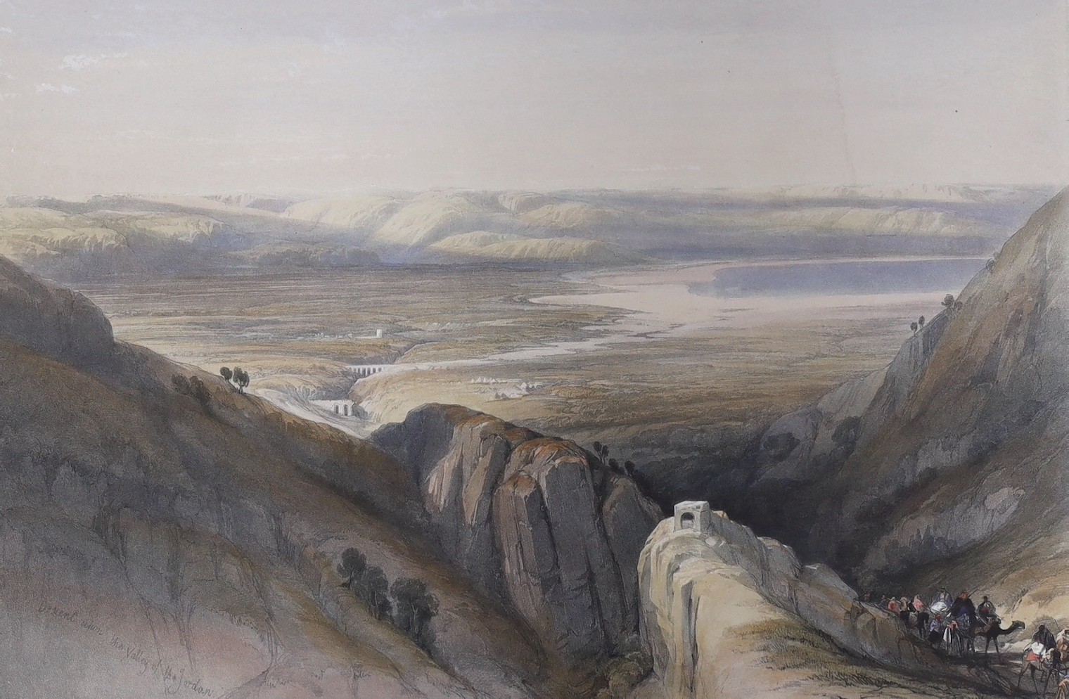 David Roberts (1796-1864), hand coloured lithograph, 'Descent into the Valley of the Jordan', 1839, plate 56, overall 36 x 52cm, and an uncoloured View of Bethlehem, 1839, plate 64, overall 36 x 52cm